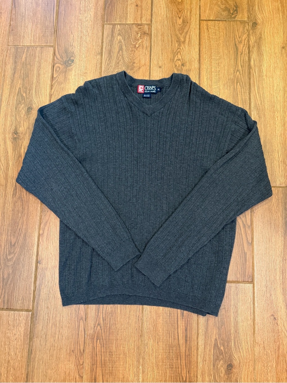 Vintage Ralph Lauren CHAPS Men’s Dark Charcoal Ribbed V-Neck Sweater / XL